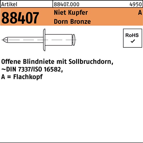 Blindniete R 88407 FLAKO 3x 6 Niet Kupfer/Dorn Bronze 500 Stück