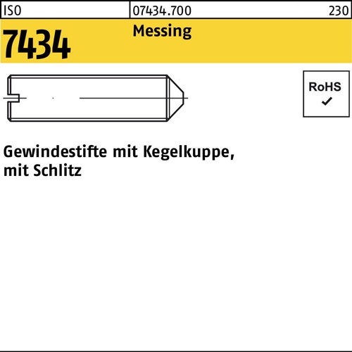 Gewindestift ISO 7434 Kegelkuppe/Schlitz M5x 8 Messing 100 Stück