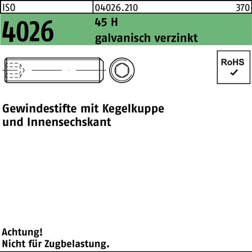 Gewindestift ISO 4026 Kegelkuppe/Innen-6kt M14x20 45 H galv.verz. 100St.