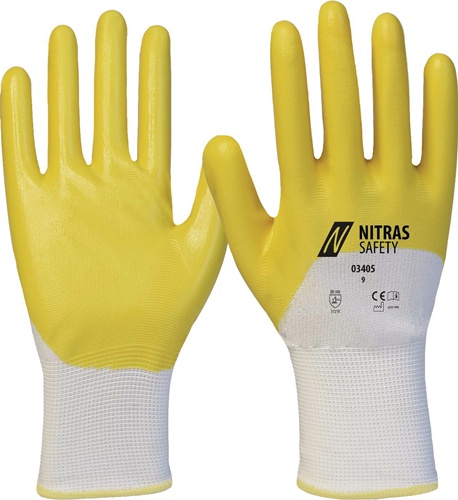 Handschuhe 03405 Gr.8 weiß/gelb PES m.Nitril EN 388 PSA II 12 NITRAS