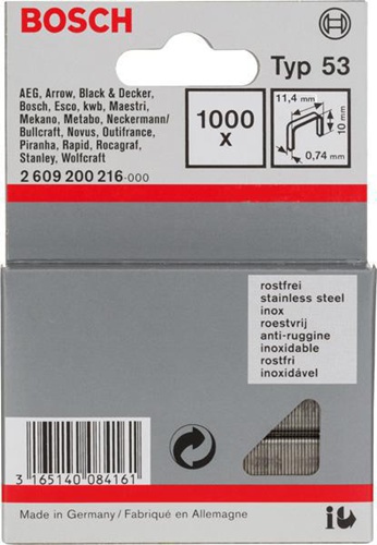Bosch Feindrahtklammer Typ 53 BxL 11,4x10mm Dicke 0,74mm 1000er Pack rostfrei 