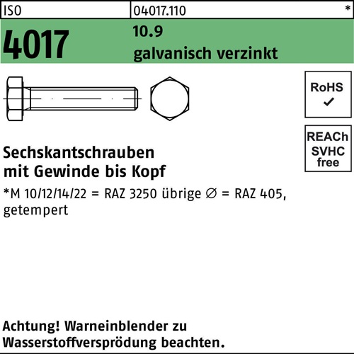 Sechskantschraube ISO 4017 VG M14x 45 10.9 galv.verz. 50 Stück
