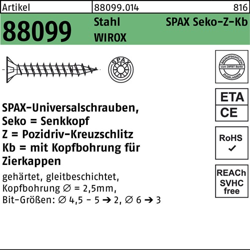 Spanplattenschraube R 88099 Seko PZ 4,5x35/24-Z Sta galv.verz. WIROX 500St. SPAX
