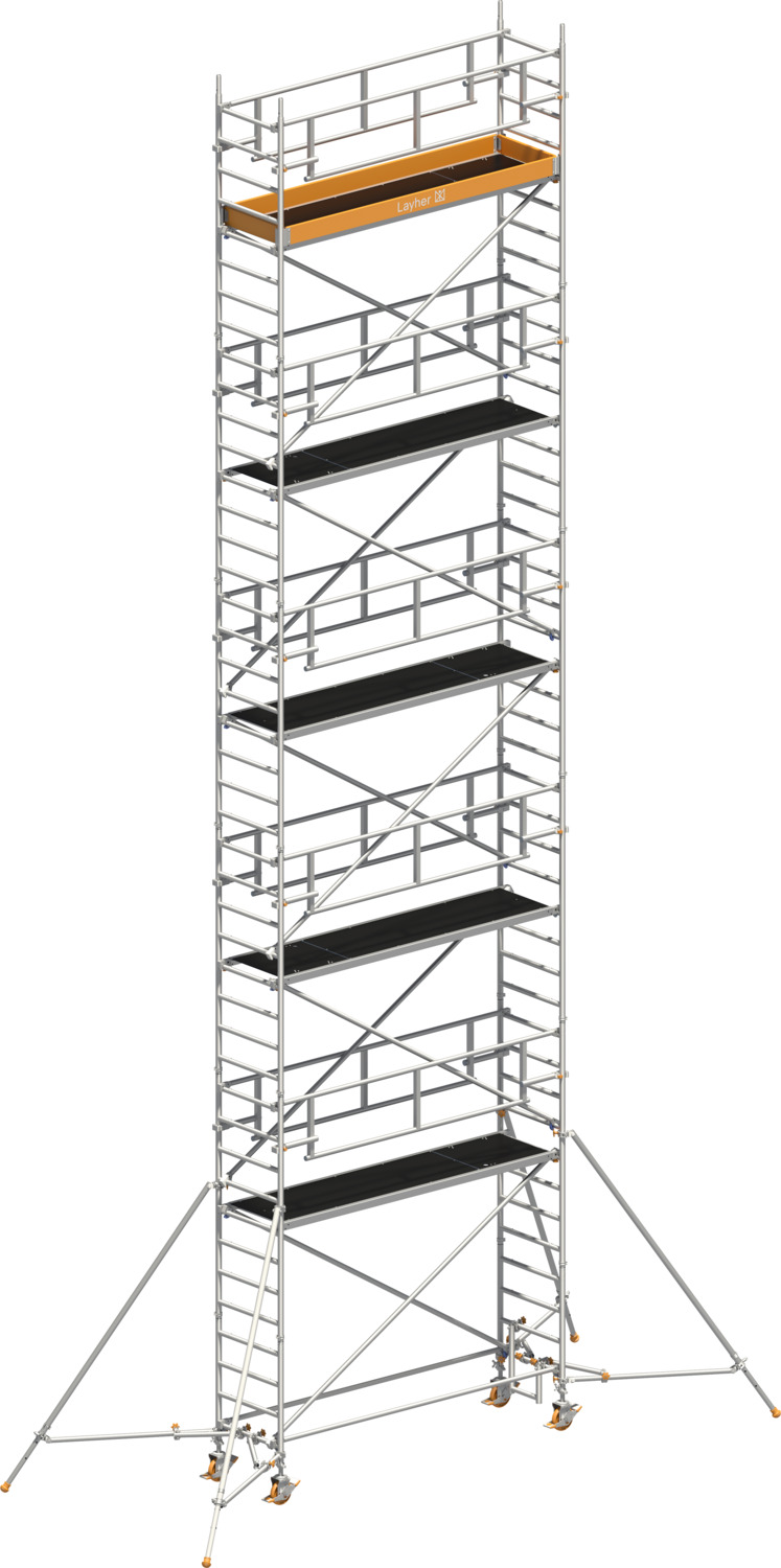 Layher Fahrgerüst Uni Standard P2 SAFETY PLUS mit Doppelgeländer und Gerüststützen Typ: 1421129 | SH: 9,2 m / AH: 11,20 m