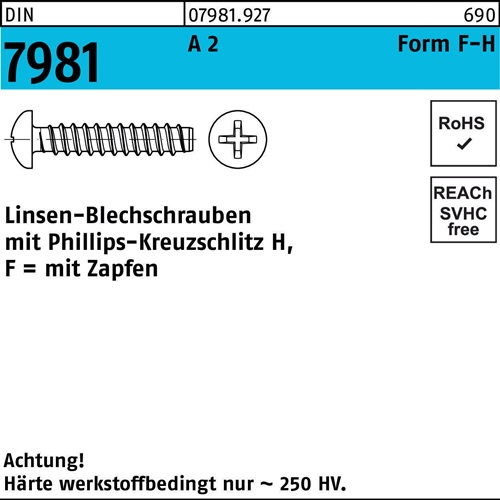 Blechschraube DIN 7981 LIKO PH 3,9x 9,5 -F-H A 2 Zapfen 1000St.