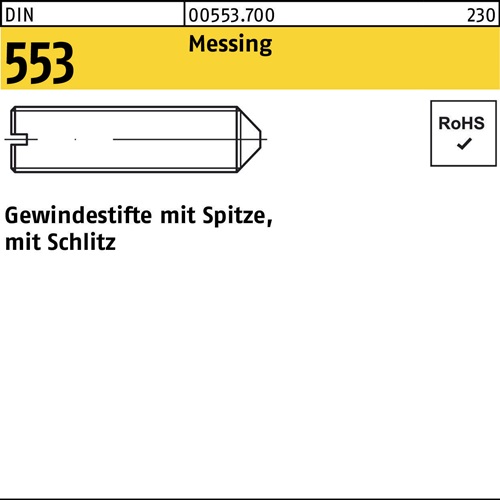 Gewindestift DIN 553 Schlitz/Spitze M6x 8 Messing 100 Stück