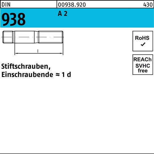 Stiftschraube DIN 938 M 20 x 35 A 2 10 Stück