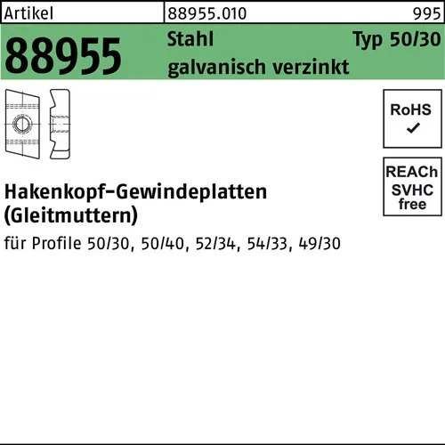 Hakenkopfgewindeplatte R 88955 Typ 50/30 M10 Stahl galv.verz. 50 Stück