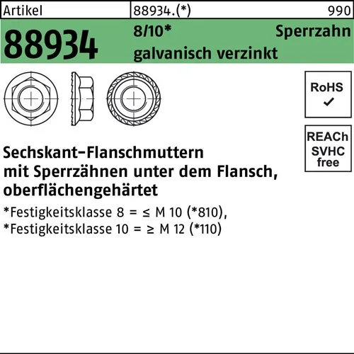 Sechskantflanschmutter R 88934 Sperrzahn M10 8 galv.verz. 200 Stück