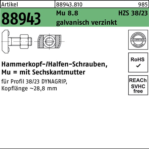 Hammerkopfschraube R 88943 6-ktmutter M16x80 Mu 8.8 galv.verz. 25St. HALFEN