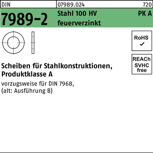 Unterlegscheibe DIN 7989-2 20/22x 37x8 Stahl 100HV feuerverz. 100 Stück