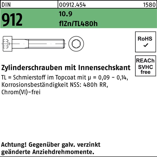Zylinderschraube DIN 912 Innen-6kt M10x65 10.9 flZnnc 480h-L 100St.