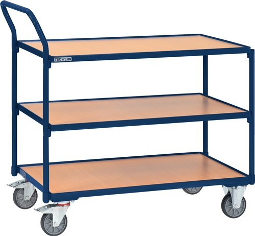 TECWERK Tischwagen 3 Ladeflächen L850xB500mm saphirblau Trgf.300kg Bügel senkr.