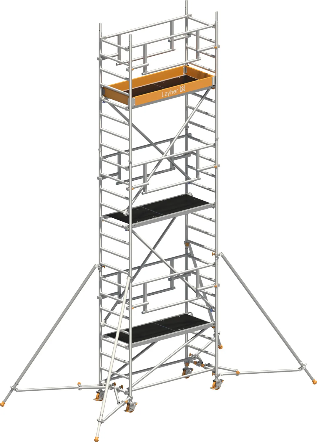Layher Fahrgerüst Uni Leicht P2 SAFETY PLUS mit Doppelgeländer und Gerüststützen Typ: 1423225 | SH: 5,1 m / AH: 7,10 m