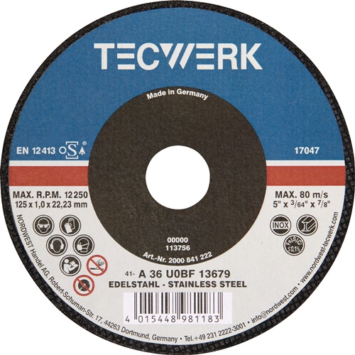 TECWERK Trennscheibe D125x1mm ger.Keramikkorn Bohr.22,23mm 