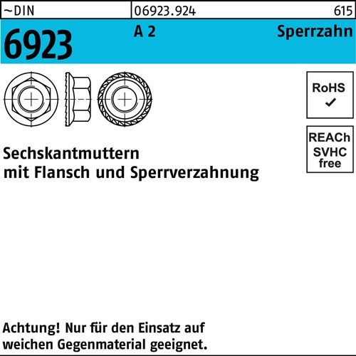 Sechskantmutter DIN 6923 Flansch M10 A 2 Sperrzahnung 500 Stück