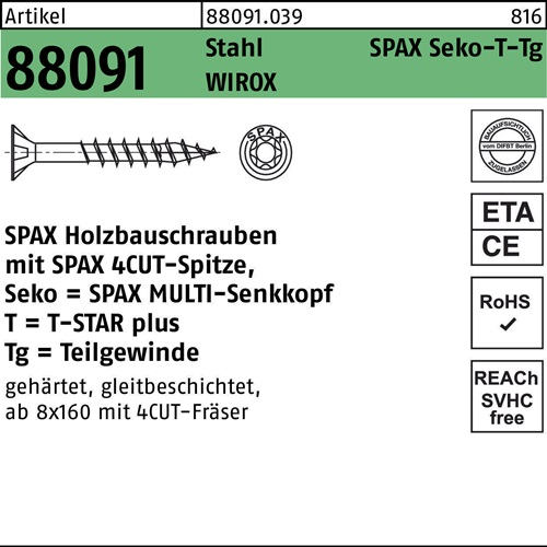 Schraube R 88091 SEKO/T-STAR TG 8x 140/80-T40 Stahl WIROX 50 Stück SPAX