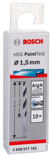 Bosch Metallspiralbohrer PointTeQ DIN388 Arbeits-L.18mm D.1,5mm Typ N 10St.