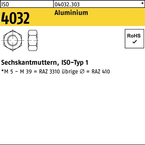 Sechskantmutter ISO 4032 M12 Aluminium 50 Stück