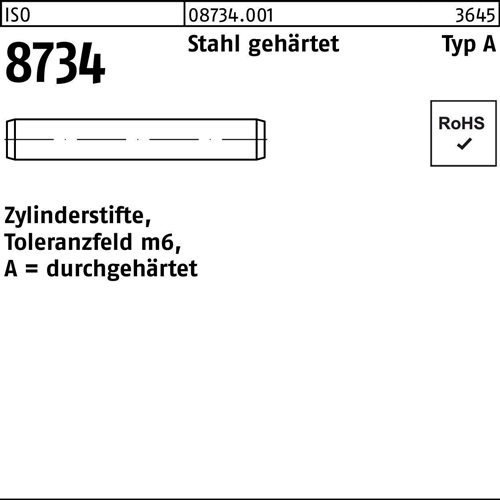 Zylinderstift ISO 8734 8 m6x 120 Stahl gehärtet Toleranz m6 100 Stück