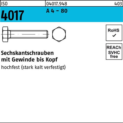 Sechskantschraube ISO 4017 VG M 24 x 140 A 4 - 80 10 Stück