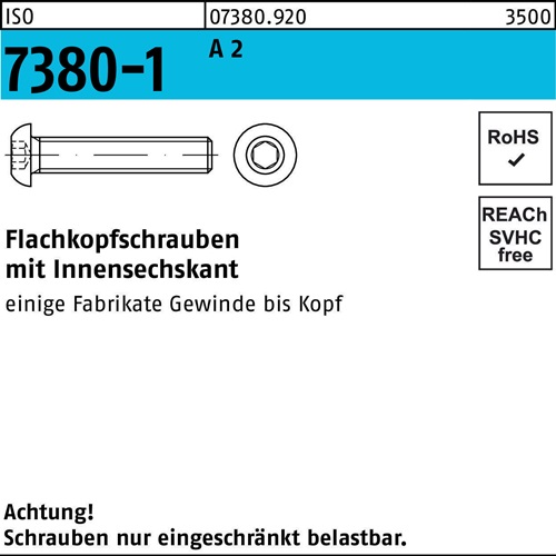 Flachkopfschraube ISO 7380-1 Innen-6kt M4x 16 A 2 500 Stück