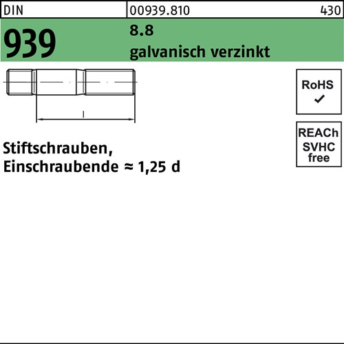 Stiftschraube DIN 939 M10x30 8.8 galv.verz. Einschraubende=1,25d 50St.