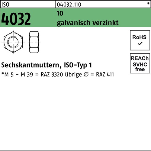 Sechskantmutter ISO 4032 M22 10 galv.verz. 50 Stück