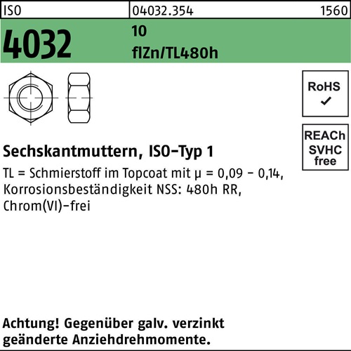 Sechskantmutter ISO 4032 M8 10 zinkbesch. Gleitmittel flZnnc 480h-L 1000 Stück