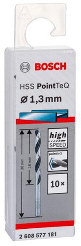 Bosch Metallspiralbohrer PointTeQ DIN388 Arbeits-L.60mm D.1,3mm Typ N 10St.