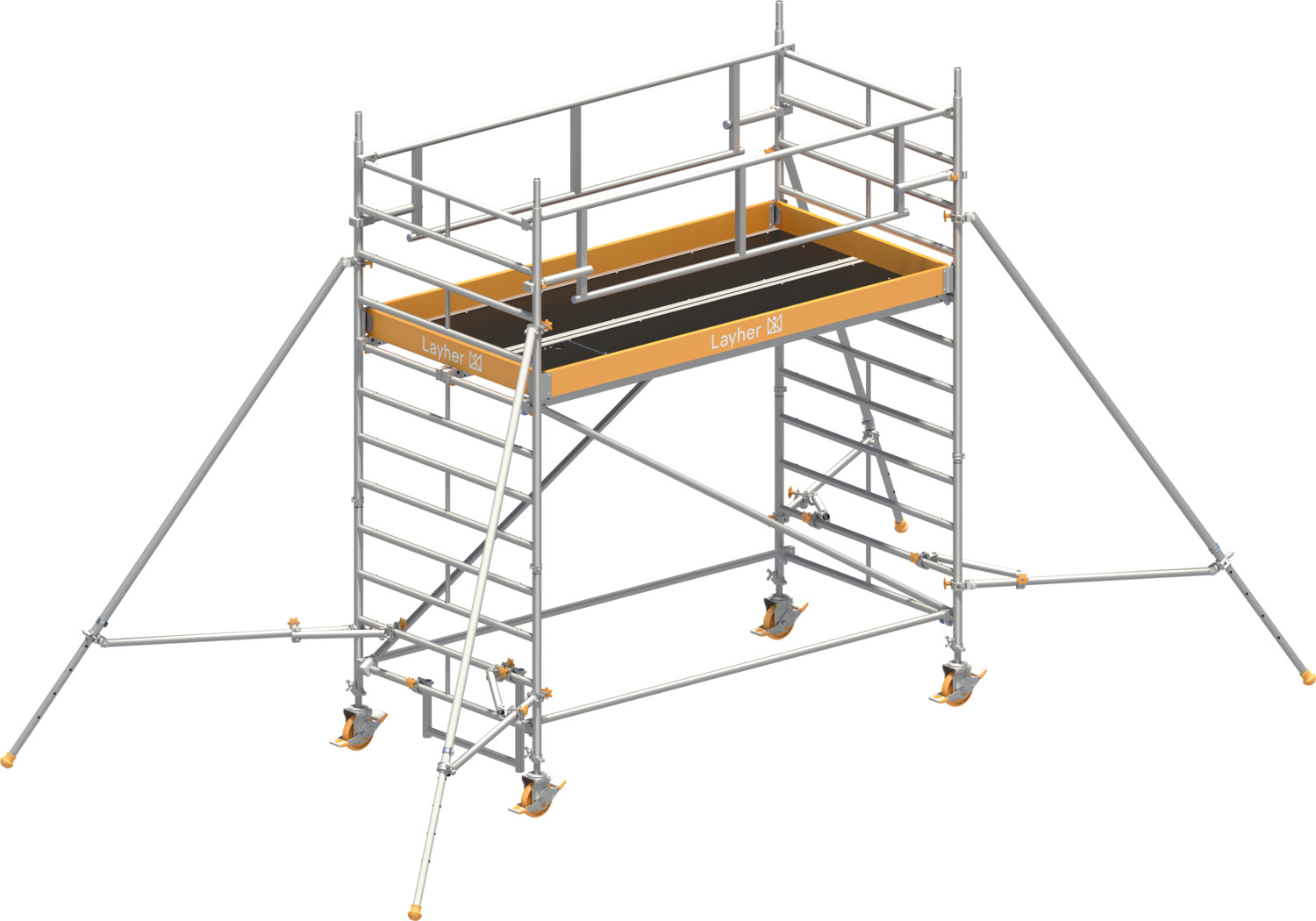 Layher Fahrgerüst Uni Breit P2 SAFETY PLUS mit Doppelgeländer und Gerüststützen