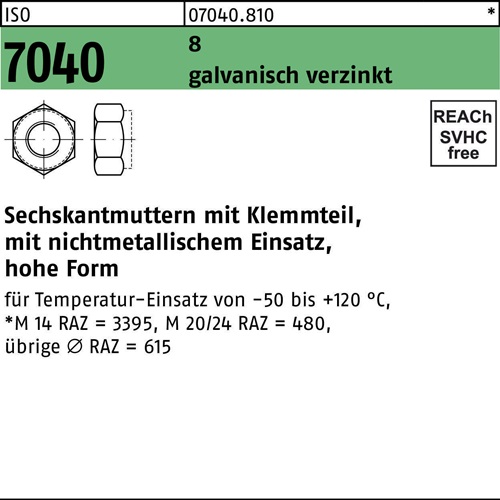 Sechskantmutter ISO 7040 Klemmteil M14 8 galv.verz. 100 Stück