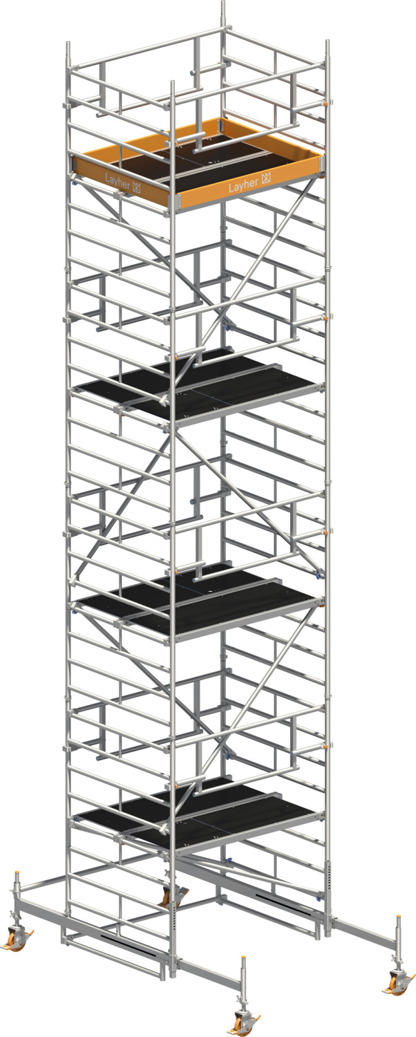 Layher Fahrgerüst Uni Kompakt P2 SAFETY PLUS mit Doppelgeländer Typ: 1425007 | SH: 7,38 m / AH: 9,38 m