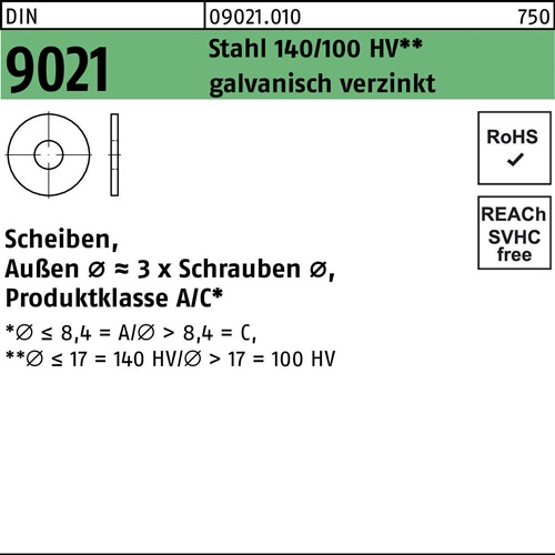 Unterlegscheibe DIN 9021 22x 60x4 Stahl 140/100 HV galv.verz. 100 Stück