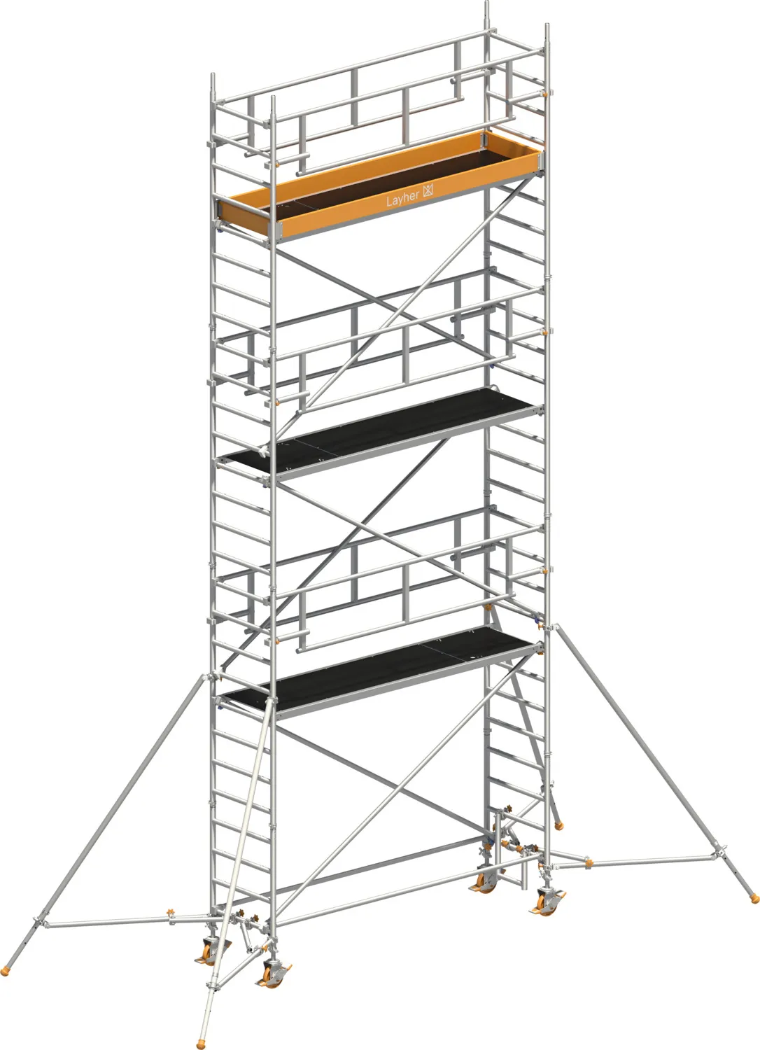 Layher Fahrgerüst Uni Standard P2 SAFETY PLUS mit Doppelgeländer und Gerüststützen Typ: 1421126 | SH: 6,2 m / AH: 8,20 m