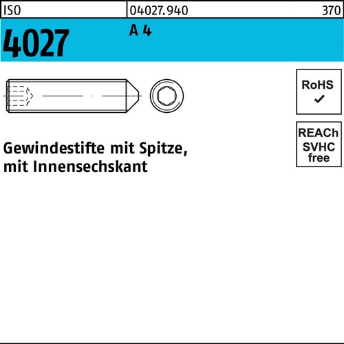 Gewindestift ISO 4027 Spitze/Innen-6kt M4x 8 A 4 500 Stück