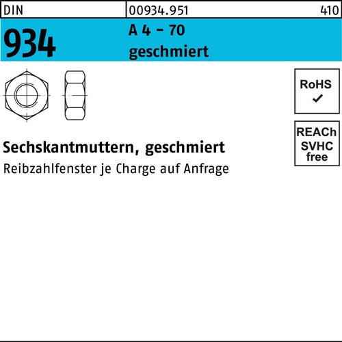 Sechskantmutter DIN 934 M12 A 4 - 70 geschmiert 250 Stück