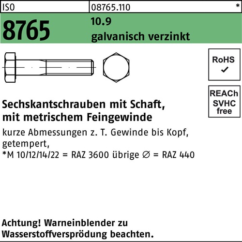 Sechskantschraube ISO 8765 Schaft M20x1,5x120 10.9 galv.verz. 10St.