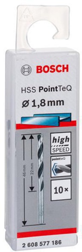Bosch Metallspiralbohrer PointTeQ DIN388 Arbeits-L.22mm D.1,8mm Typ N 10St.