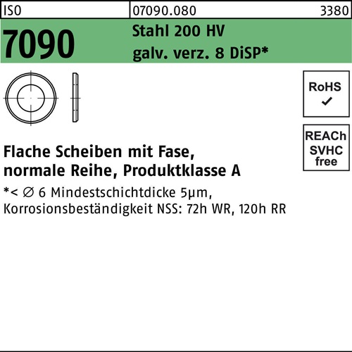 Unterlegscheibe ISO 7090 m.Fase 36 Stahl 200 HV galv.verz. 8 DiSP 50St.
