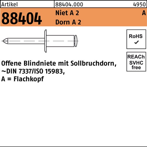 Blindniete R 88404 FLAKO 4x 8 Niet A 2/Dorn A 2 500 Stück