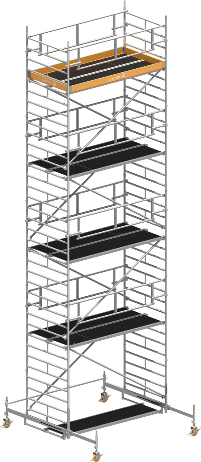 Layher Fahrgerüst Uni Breit P2 SAFETY PLUS mit Doppelgeländer Typ: 1422108 | SH: 8,38 m / AH: 10,38 m