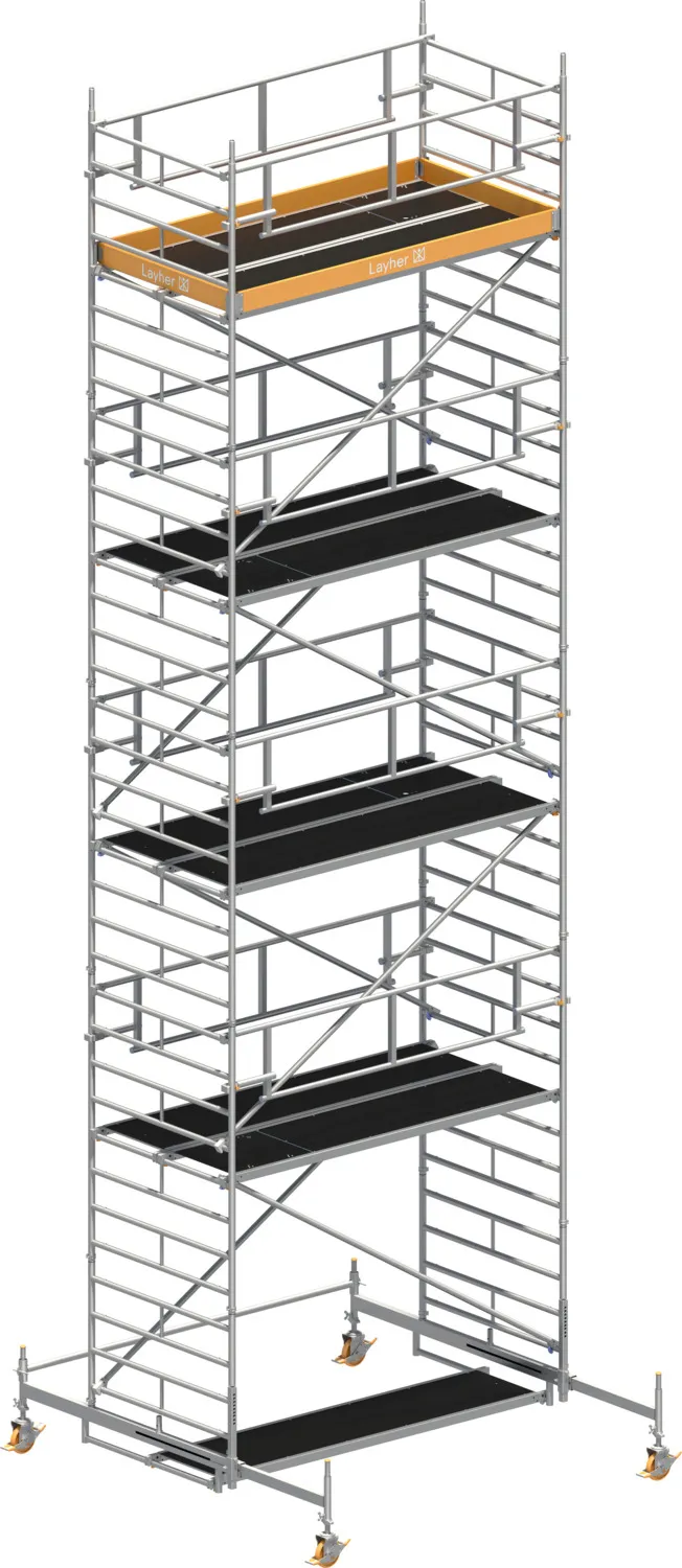 Layher Fahrgerüst Uni Breit P2 SAFETY PLUS mit Doppelgeländer Typ: 1422108 | SH: 8,38 m / AH: 10,38 m