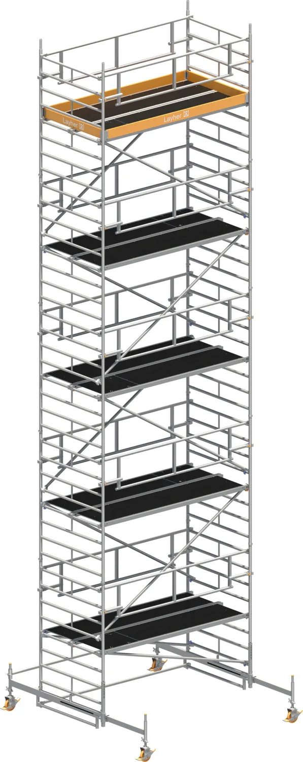 Layher Fahrgerüst Uni Breit P2 SAFETY PLUS mit Doppelgeländer Typ: 1422109 | SH: 9,38 m / AH: 11,38 m