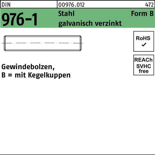 Gewindebolzen DIN 976 Kegelkuppen BM 12x 200 Stahl galv.verz. 25St.