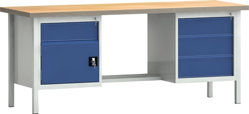 Werkbank PW 700 B2000xT700xH840mm Buche Multiplex lichtgrau/blau 4 Schubl.1 Tür
