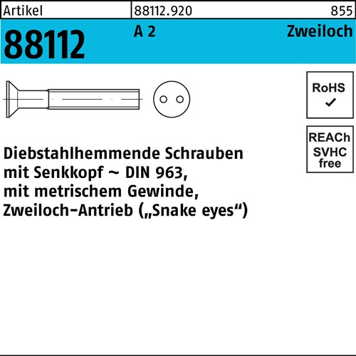 Schraube R 88112 diebstahlhemmend Seko/Zweiloch M6x 25 A 2 100 Stück