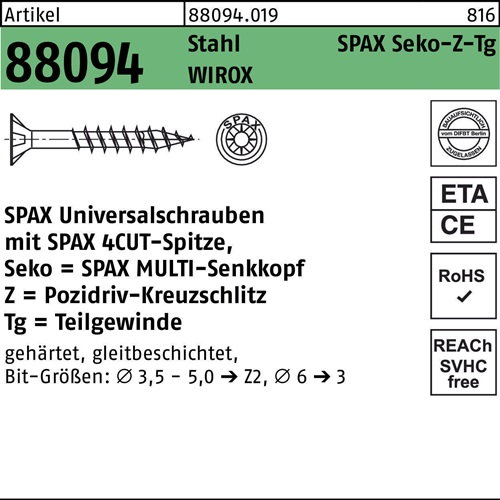 Schraube R 88094 SEKO Spitze/PZ 4,5x40/24-Z TG Sta galv.verz. WIROX 500St. SPAX