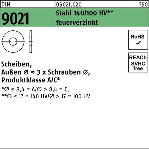 Unterlegscheibe DIN 9021 17x50x3 Stahl 140/100 HV feuerverz. 100 Stück
