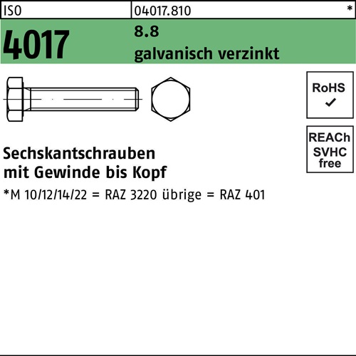 Sechskantschraube ISO 4017 VG M 20 x 200 8.8 galvanisch verzinkt 10 Stück